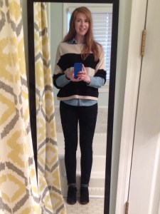 Dark wash skinnies, chambray shirt under wide stripe sweater