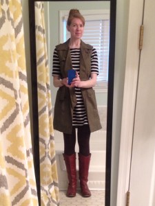 Striped shift dress under sleeveless trench